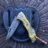 Damascus Steel Pocket Knife Green